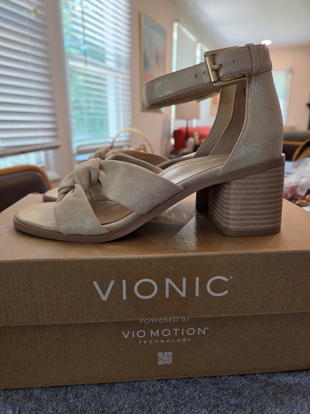 Vionic Maia Women's Shimmer Champagne Gold Knot Ankle-Strap Block Heel Sandals